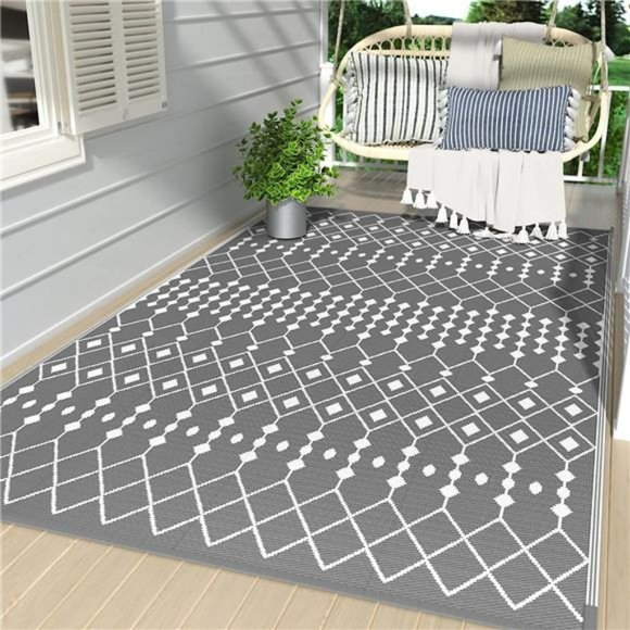 Outdoor Rug for Patio Clearance 6'x9' Waterproof Reversible Grey&White